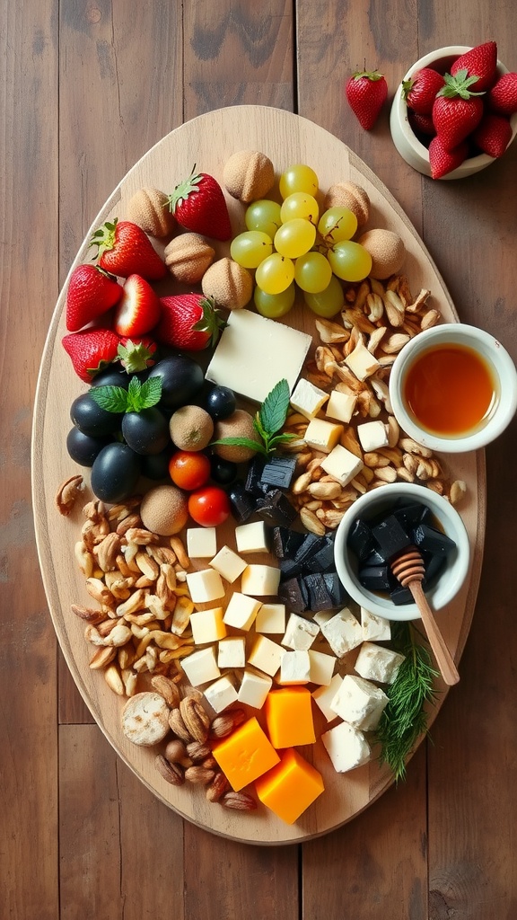 Aesthetic snack board with fruits, cheese, nuts, and chocolate on a rustic table.